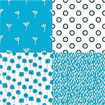 Bright blue and white flowers and abstract shape seamless vector pattern set. Monochrome floral repeat nature background for print.