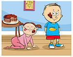Cartoon Illustration of Little Boy and Baby Girl and Chocolate Cake