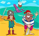 Cartoon Illustrations of Pirate Characters with Ship on Island