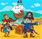 Cartoon Illustrations of Pirate Characters with Ship on Treasure Island