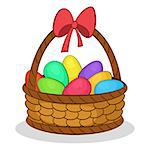 Holiday Easter Wattled Basket with Colorful Painted Chicken Eggs and Red Bow on the Handle. Vector