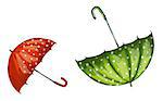 Two opened green and red umbrellas isolated on white background. Vector Illustration.