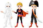 Illustration of the pointing boy is dressed in different costumes for Halloween