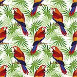 Seamless Pattern, Tropical Landscape, Colorful Parrots on Green Leaves Exotic Plants, Tile Background. Vector