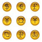 Golden money buttons icons with currency signs, set: dollar, euro, pound, yen, yuan, shekel, rial, ruble, universal. Vector eps10, contains transparencies