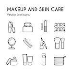 Makeup skin care simple line icons. Mascara, lipstick, powder, eye shadow, perfume, cream, foundation, eyeliner, mirror, hair comb and other make-up items. Makeup thin linear signs for manicure, pedicure and Visage.