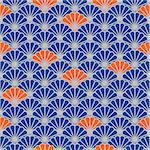 Japanese fan vector seamless pattern in blue and orange color style. Japan seashell inspired floral design.