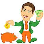 Smiling man holds in hand the dollar bills and throwing a coin in the orange piggy bank, conceptual cartoon vector illustration