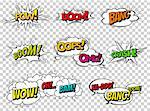 Comic book sound effect speech bubbles, expressions. Collection vector bubble icon speech phrase, cartoon exclusive font label tag expression, sounds illustration background. Comics book balloon.