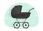 Black baby stroller for boys, Isolated on white background. Cartoon pram vector illustration. Trendy style for graphic design, Web site, social media, user interface, mobile app.