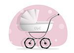 Baby stroller for girls, Isolated on white background. Cartoon pram vector illustration. Trendy style for graphic design, Web site, social media, user interface, mobile app.