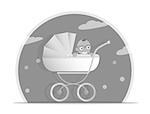 Black and white illustration baby stroller for boys, Isolated on white background. Cartoon pram vector illustration. Trendy style for graphic design, Web site, social media, user interface, mobile app.