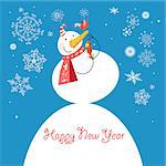 Bright funny snowman with a bird on a blue background with snowflakes