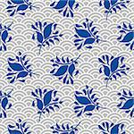 Japanese wave traditional vector seamless pattern in blue and gray line color style. Japan inspired floral design.