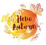 Abstract orange autumn background with falling leaves. Hello autumn lettering.