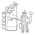 Black and White Cartoon Illustration of Funny Robots Science Fiction Comic Character Coloring Book