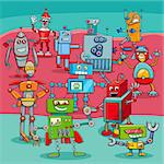 Cartoon Illustration of Funny Robots Science Fiction Characters Big Group