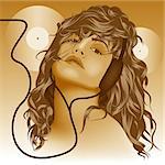 Girl With Headphones - Colored Background Illustration, Vector