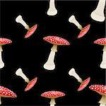 Mushroom chanterelle seamless pattern on black background. Vector illustration