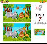 Cartoon Illustration of Find the Differences Between Pictures Educational Activity Game for Children with Wild Animal Characters Group