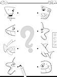 Black and White Cartoon Illustration of Educational Game of Matching Halves of Sea Life Animal Characters Coloring Book