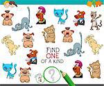 Cartoon Illustration of Find One of a Kind Educational Activity Game for Children with Comic Characters