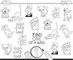 Black and White Cartoon Illustration of Find One of a Kind Educational Activity Game for Children with Comic Characters Coloring Book