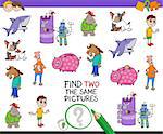 Cartoon Illustration of Finding Two Identical Pictures Educational Activity Game for Children with Funny Characters