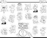 Black and White Cartoon Illustration of Finding Two Identical Pictures Educational Activity Game for Children with Dog Characters Coloring Book