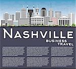 Nashville Skyline with Gray Buildings, Blue Sky and Copy Space. Vector Illustration. Business Travel and Tourism Concept with Modern Architecture. Image for Presentation Banner Placard and Web Site.