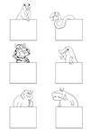 Black and White Cartoon Illustration of Animal Characters with White Greeting or Business Card Design Set