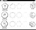 Black and White Educational Cartoon Illustration of Hexagon Basic Geometric Shape for Children Coloring Page