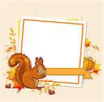 Autumn background with pumpkin, squirrel and blank sheet of paper