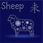 Chinese Zodiac Sign Sheep, Fixed Element Earth, symbol of New Year on the Eastern calendar, hand drawn vector illustration with snowflakes and light spheres on the seamless background, winter motif