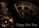 Golden Happy New Year Greeting with Face Clock and Champagne on Black Background - Illustration, Vector