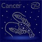 Zodiac sign Cancer on a blue starry sky, hand drawn vector illustration in winter motif with stylized stars and snowflakes over seamless background