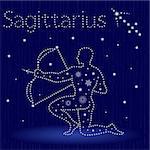 Zodiac sign Sagittarius on a blue starry sky, hand drawn vector illustration in winter motif with stylized stars and snowflakes over seamless background