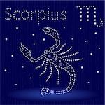 Zodiac sign Scorpius on a blue starry sky, hand drawn vector illustration in winter motif with stylized stars and snowflakes over seamless background