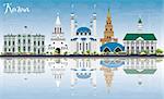 Kazan Skyline with Gray Buildings, Blue Sky and Reflections. Vector Illustration. Business Travel and Tourism Concept with Historic Architecture. Image for Presentation Banner Placard and Web Site.