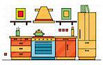 Kitchen Interior with Table, Stove and Fridge. Vector Illustration.