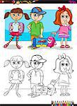 Cartoon Illustration of Elementary School Children Pupils Characters Coloring Book Activity
