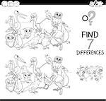 Black and White Cartoon Illustration of Finding Differences Between Pictures Educational Activity Game for Children with Birds Animal Characters Group Coloring Book