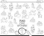 Black and White Cartoon Illustration of Find One of a Kind Educational Activity Game for Children with Santa and Christmas Characters Coloring Book
