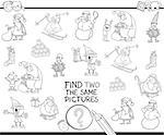 Black and White Cartoon Illustration of Finding Two Identical Pictures Educational Activity Game for Children with Christmas Holiday Characters Coloring Book