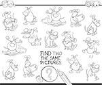 Black and White Cartoon Illustration of Finding Two Identical Pictures Educational Activity Game for Children with Funny Dog Characters Coloring Book