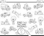 Black and White Cartoon Illustration of Finding Two Identical Pictures Educational Activity Game for Children with Transport Vehicle Characters Book