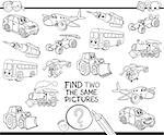 Black and White Cartoon Illustration of Finding Two Identical Pictures Educational Game for Children with Transport Vehicle Characters Coloring Book