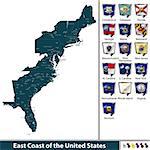 Vector set of East Coast of the United States with flags and map on white background