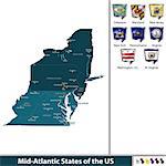 Vector set of Mid Atlantic states of the United States with flags and map on white background