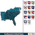 Vector set of Southeastern United States with flags and map on white background